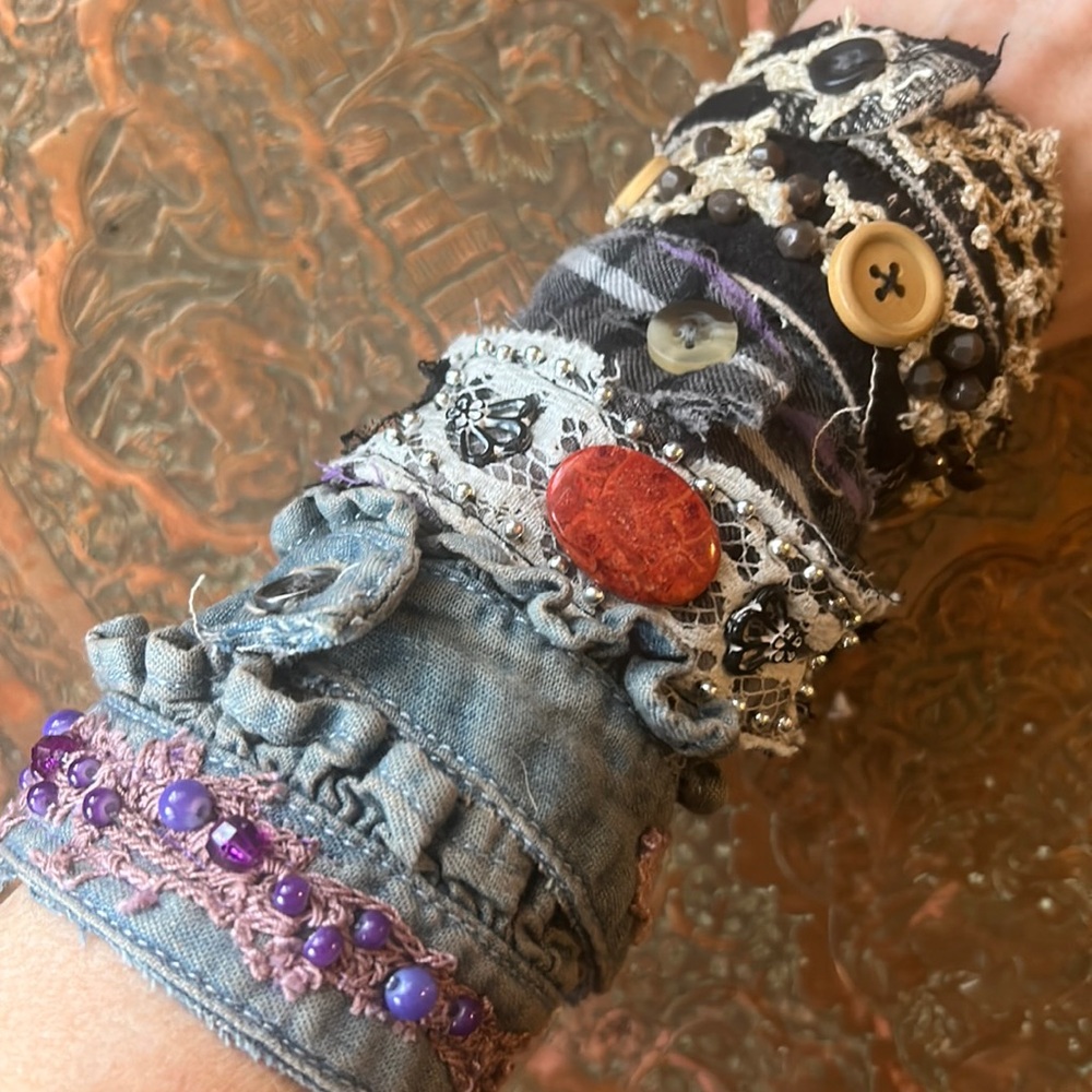 Handmade upcycled stackable beaded lace button flannel fabric wrap bracelets